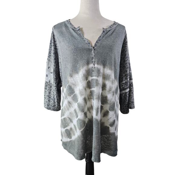 POL Gray Tie Dye Mixed Print Long Sleeve Tunic Top Size Small - Picture 1 of 4